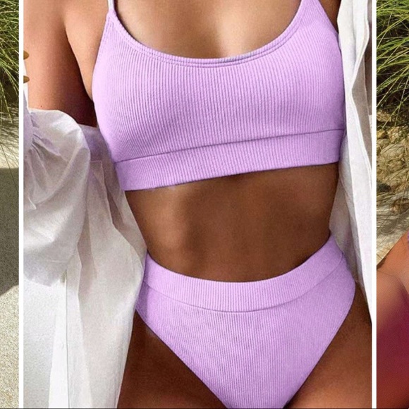 U Neck Rib-Knit Purple Bikini Set M - Picture 2 of 4